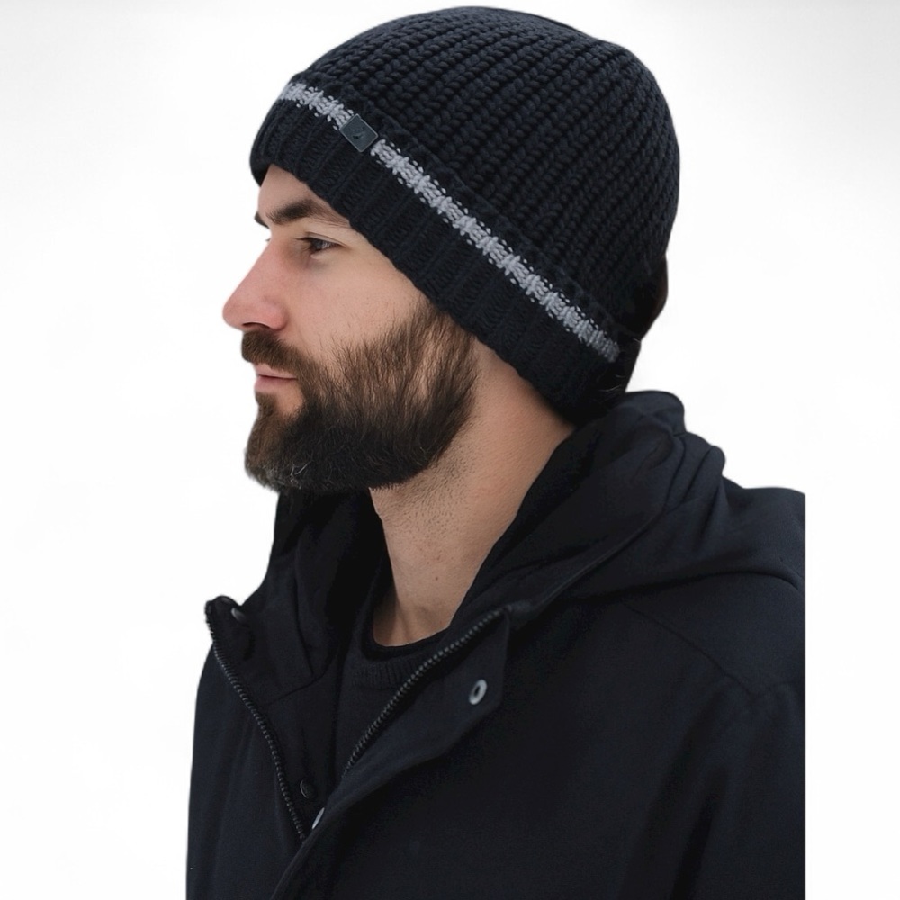 Calvin Klein Men’s Chunky Rib Knit Beanie Black w White Trimmed Cuff OS New!